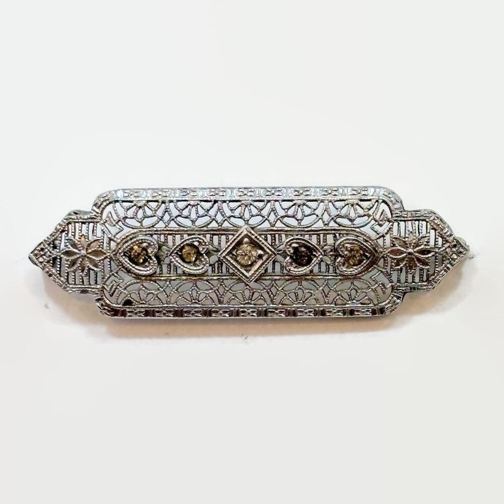 Filigree Brooch, Art Deco, Rhodium Plated, Edwardian, 20s, 30s, Silver, Antique